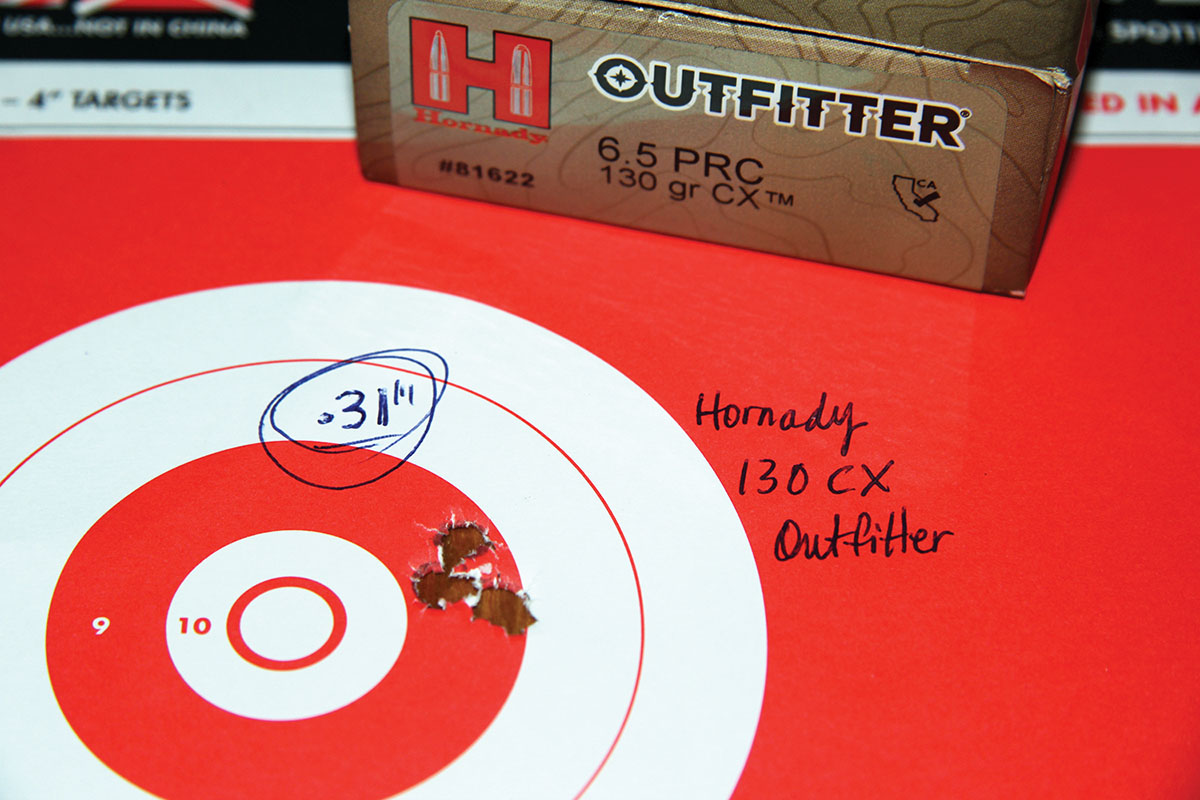 The best group shot with factory loads from the Best of the West ALTOPO was .31 inch, accomplished with Hornady Outfitter loads shooting 130-grain CX bullets.